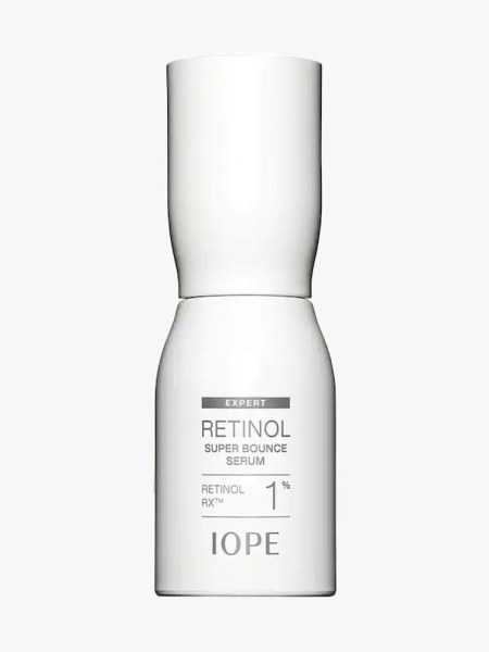 Iope Retinol Super Bounce Serum in branded component on a light gray background