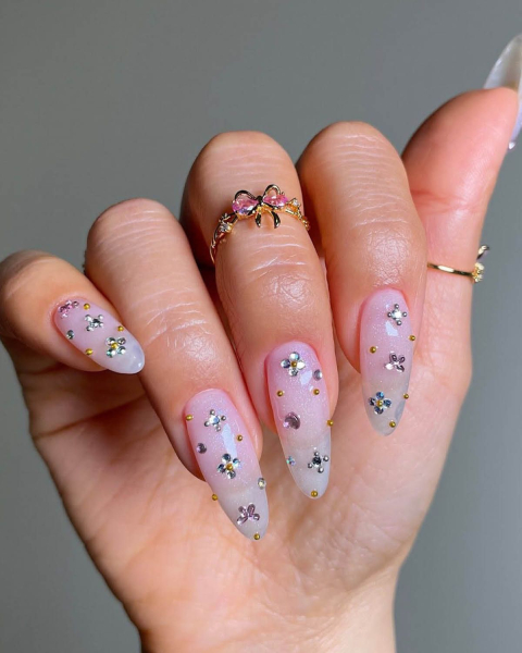 spring 2026 trend rainbow rhinestone gem nails