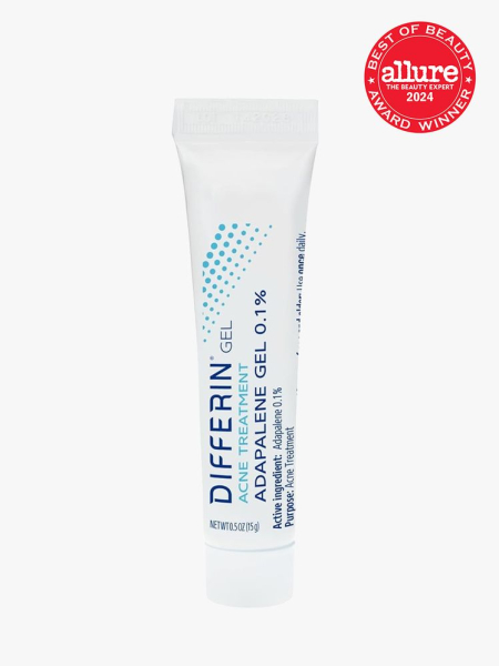 Differin Adapalene Gel 0.1% in branded component with best of beauty seal 2024 in the top right corner on a light gray background